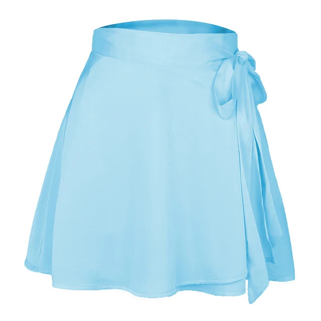 Women skirt Summer High Waist Lace-up Loose Casual Chiffon Satin Mini Skirt Solid Color Korean Fashion Club Black Short Skirts