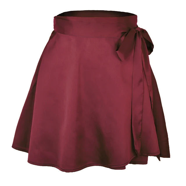 Women skirt Summer High Waist Lace-up Loose Casual Chiffon Satin Mini Skirt Solid Color Korean Fashion Club Black Short Skirts