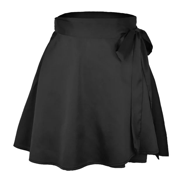 Women skirt Summer High Waist Lace-up Loose Casual Chiffon Satin Mini Skirt Solid Color Korean Fashion Club Black Short Skirts