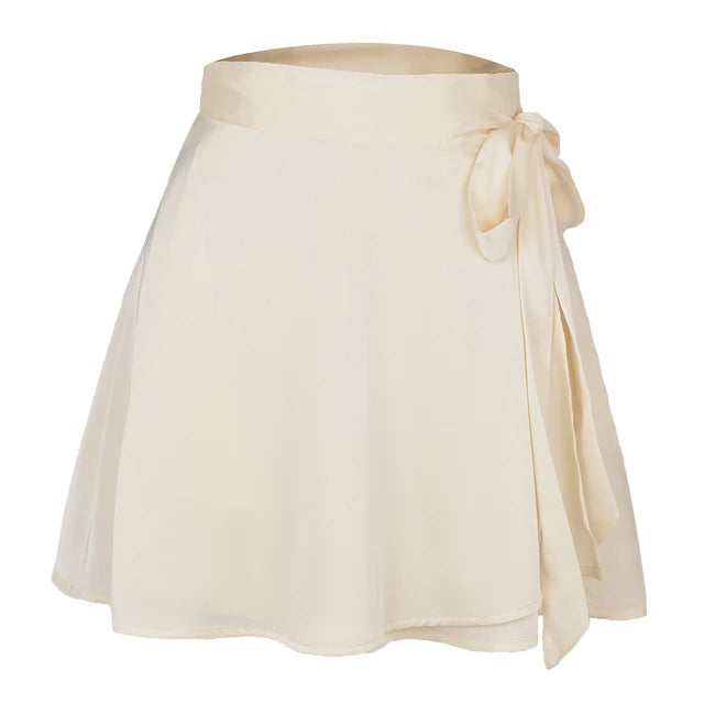 Women skirt Summer High Waist Lace-up Loose Casual Chiffon Satin Mini Skirt Solid Color Korean Fashion Club Black Short Skirts