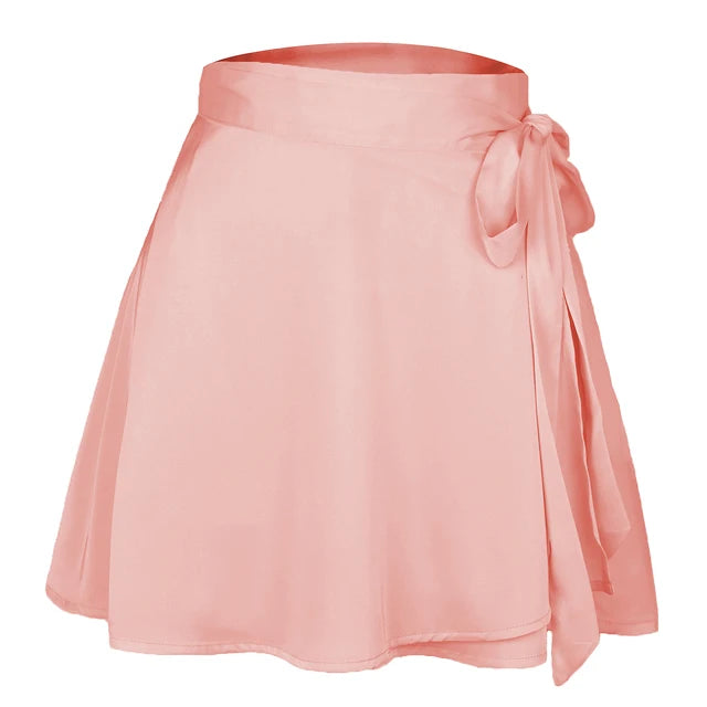 Women skirt Summer High Waist Lace-up Loose Casual Chiffon Satin Mini Skirt Solid Color Korean Fashion Club Black Short Skirts