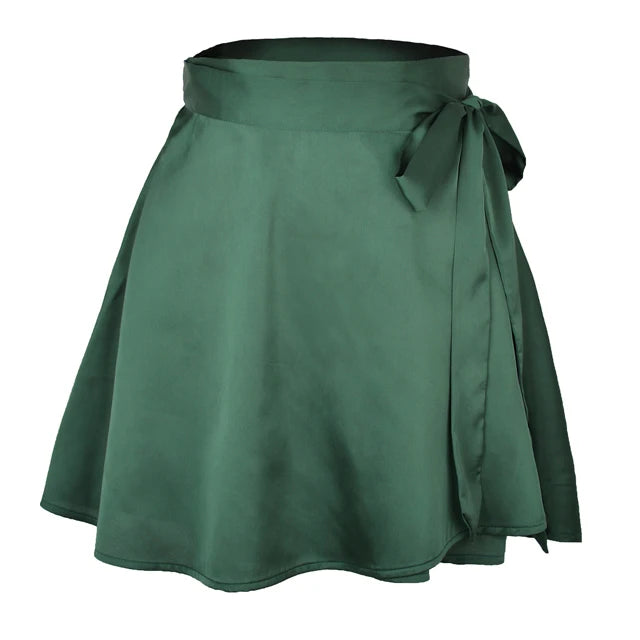 Women skirt Summer High Waist Lace-up Loose Casual Chiffon Satin Mini Skirt Solid Color Korean Fashion Club Black Short Skirts