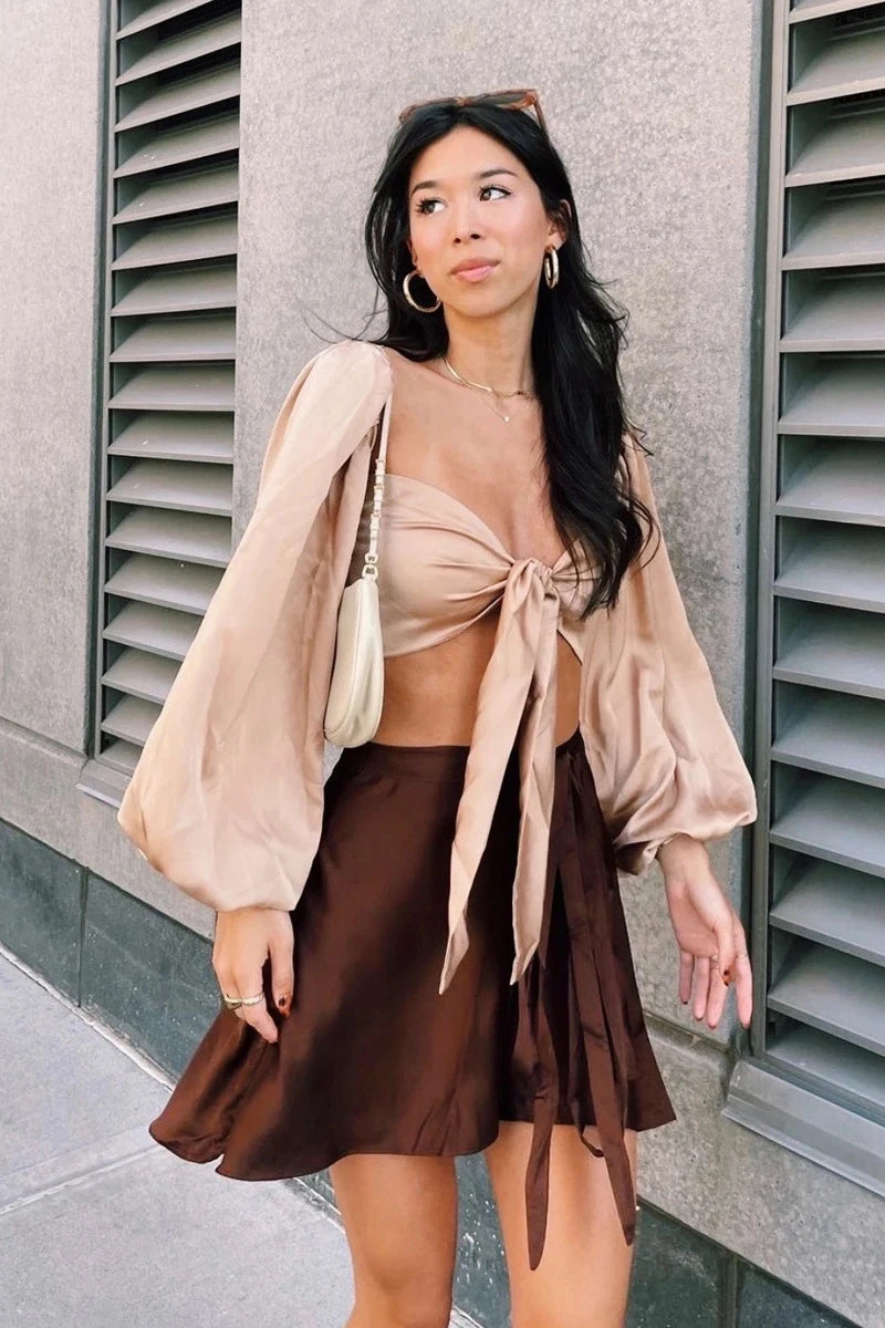 Women skirt Summer High Waist Lace-up Loose Casual Chiffon Satin Mini Skirt Solid Color Korean Fashion Club Black Short Skirts